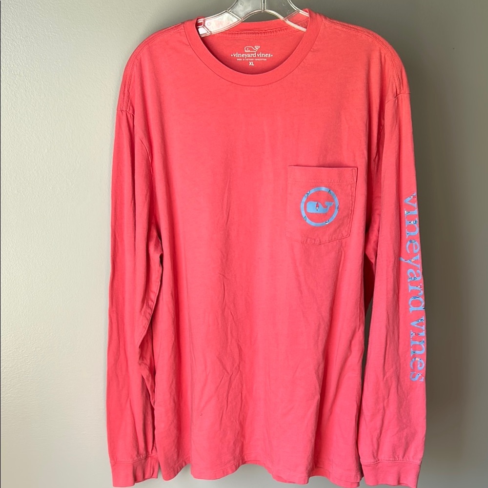 Vineyard Vines Men's Long Sleeve Shirt in Coral with Blue Accents